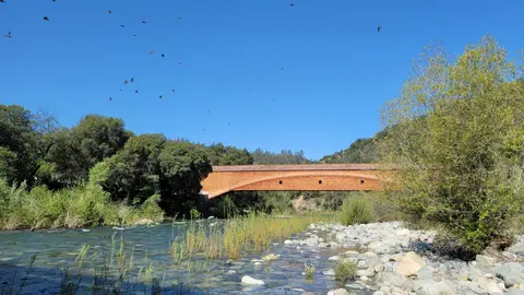 A wooden covered bridge spans a river surrounded by trees and a rocky shoreline.