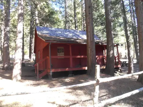 A red wooden cabin sits among tall trees in a forest.