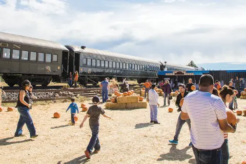 People walking around a train and pumpkins in an outdoor area.