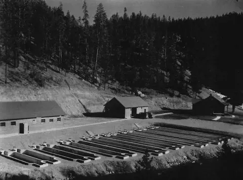 Black and white photograph of several buildings and rows of outdoor troughs near a forested hillside.