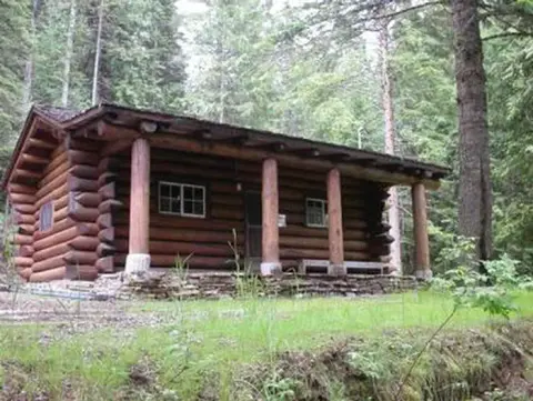 A log cabin sits in a dense forest.