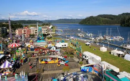 An aerial view of a carnival set up near a waterfront with docked boats.
