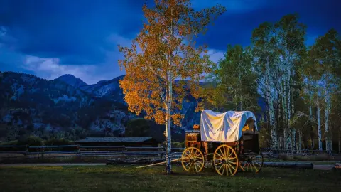 A covered wagon sits in a field near a golden tree under a blue sky with mountains in the background.