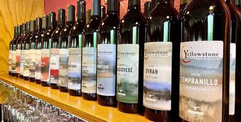 A shelf lined with wine bottles displaying various labels.