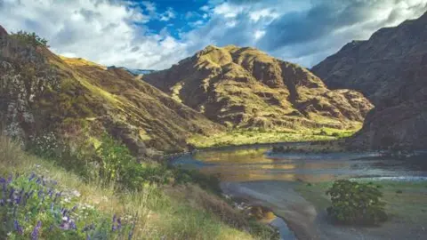 A river flows through a scenic mountain valley under a cloudy sky.