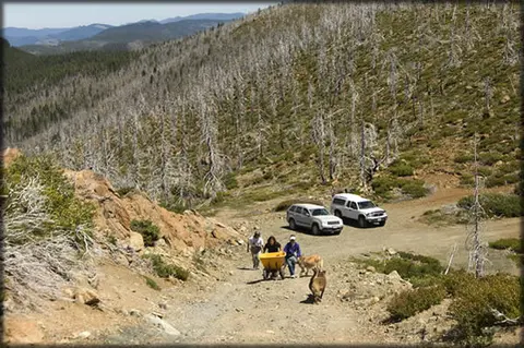 People walk up a dirt mountain path with parked vehicles nearby.
