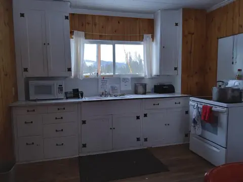 A rustic kitchen interior with white cabinets and wood-paneled walls.
