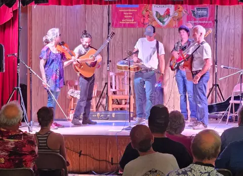 A band plays music on a stage while an audience watches.