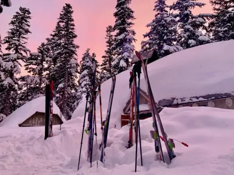Skis stand upright in deep snow in front of snow-covered buildings and trees under a pink sky.