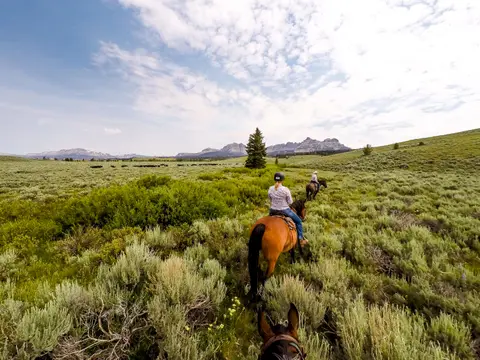 People horseback riding through a grassy valley with mountains in the background.