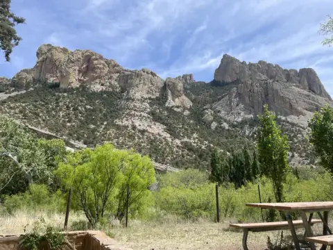 A view of rocky mountains rising behind green trees and a picnic table.