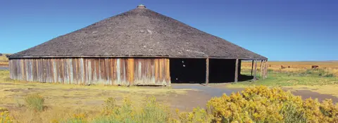 Exterior view of a large round wooden barn with a shingled roof in a field.