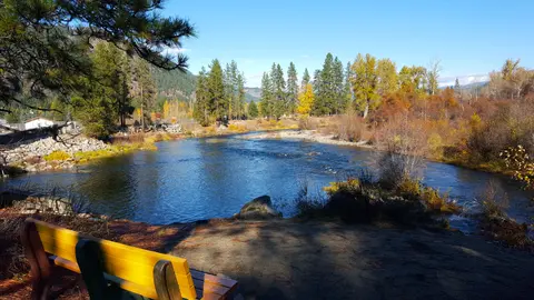 A park bench overlooks a river surrounded by autumn trees.