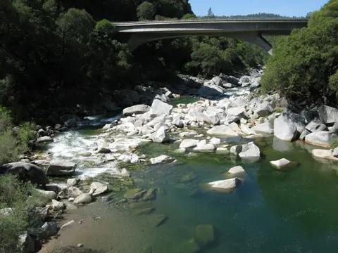 A concrete bridge spans across a rocky river flowing through a lush forest.