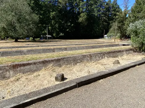 An outdoor site with parallel concrete troughs and dry grass surrounded by trees.
