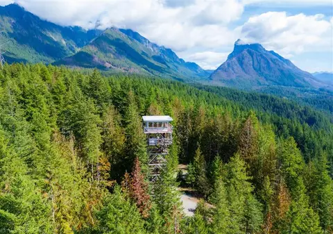 A fire lookout tower stands amidst a dense forest with mountains in the background.