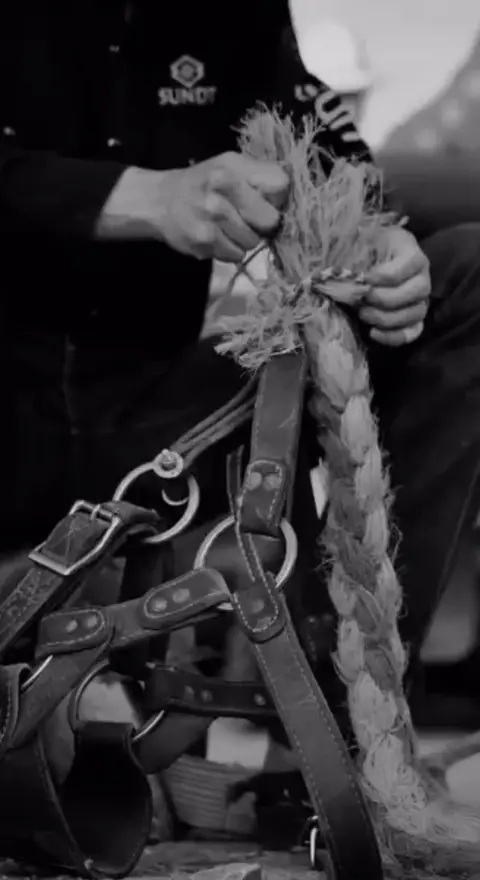 A person working with a thick rope and leather harness.