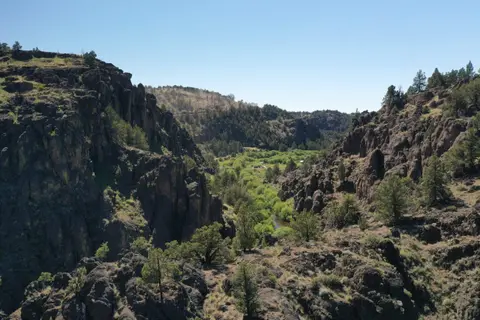 A scenic view of a rocky canyon with green trees and vegetation on a clear day.