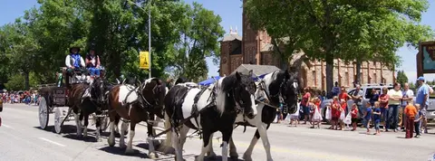 A team of horses pulls a wagon during a parade.