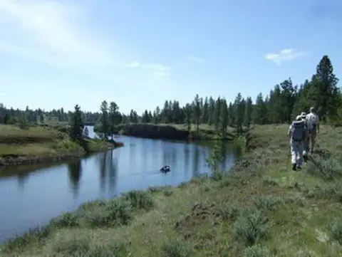 People hike along a grassy riverbank.