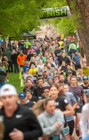 A large crowd of runners participating in an organized race outdoors.