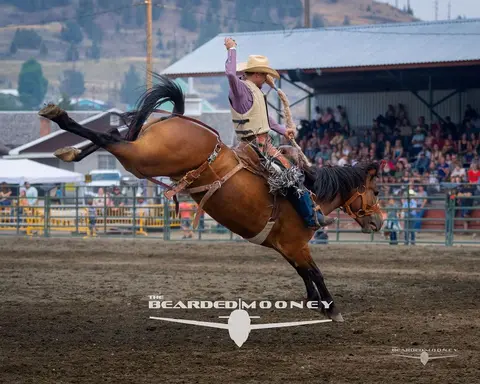 A cowboy rides a bucking horse at a rodeo event.