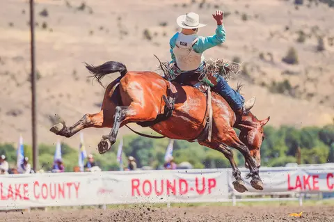 A cowboy rides a bucking horse at a rodeo.