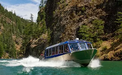 A boat moves quickly through the water near rocky, tree-covered cliffs.