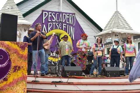 A band performs on an outdoor stage in front of a festival banner.