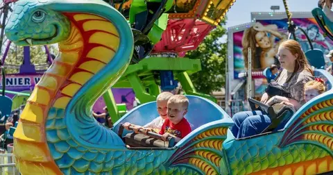 People enjoy riding on a colorful cobra-themed carnival ride.
