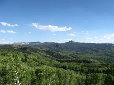 A scenic view of rolling green mountains and forests under a blue sky.