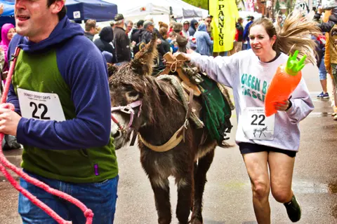 People participate in a donkey race event.