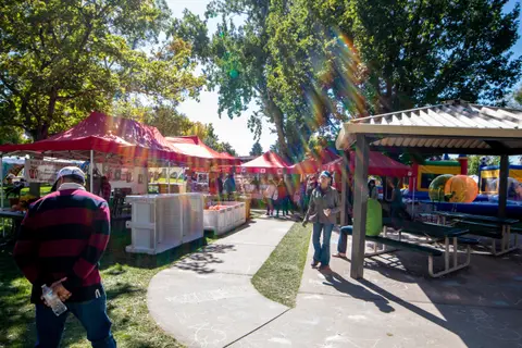 People walking along a walkway lined with market tents and trees on a sunny day.