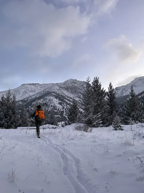 A person hiking through a snowy landscape with mountains in the background.