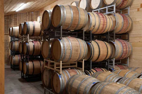 Wooden wine barrels stacked on metal racks inside a cellar.