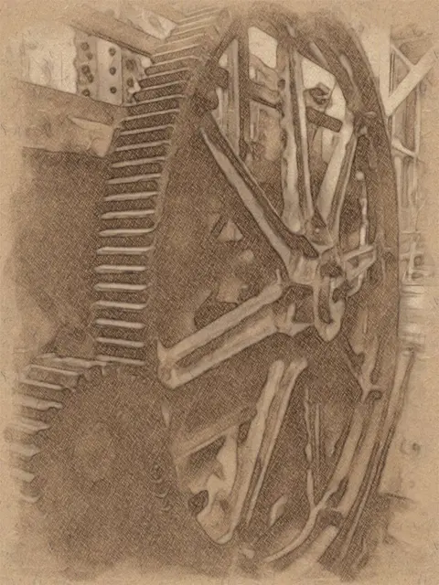 A drawing or photo of a large industrial gear and wheel mechanism inside a building.