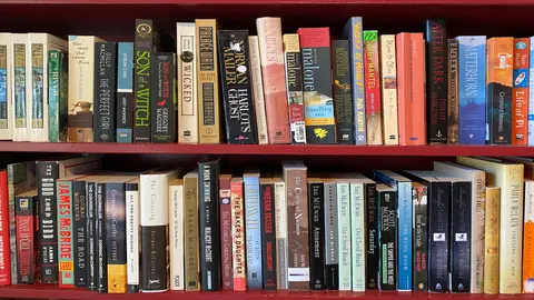 A photo shows bookshelves filled with various books.