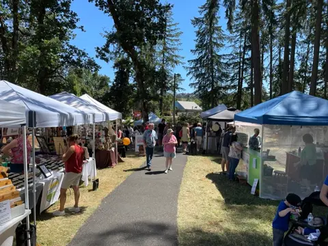 An outdoor street market with tents and people walking along a path between them.