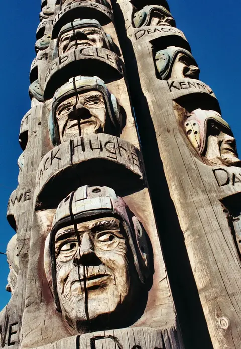 Carved faces on the Codger Pole.
