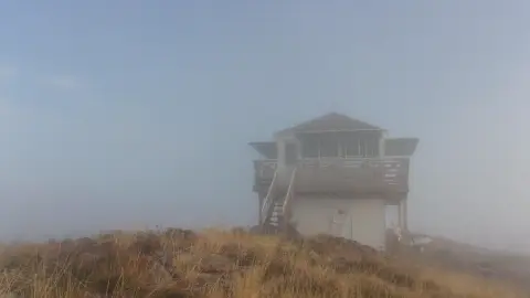 A fire lookout tower stands on a foggy, grassy ridge.