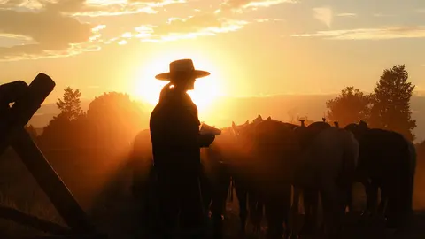 A person in a cowboy hat stands silhouette against a sunset with horses.