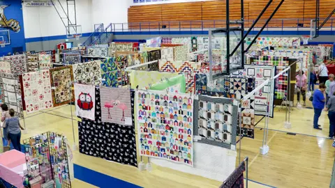 A large display of quilts hanging in a gymnasium.