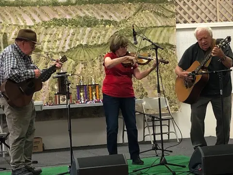 Three musicians perform on an indoor stage with instruments and microphones.