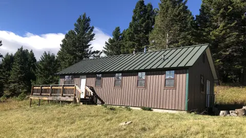 A brown cabin with a green metal roof stands in a grassy clearing surrounded by trees.