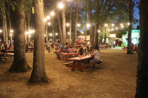 People gathered at picnic tables under string lights in a wooded area at dusk.