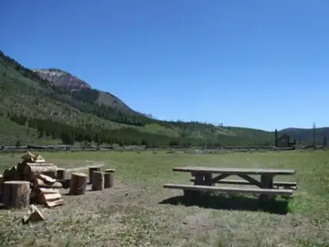 A picnic table and a stack of firewood in a grassy field with mountains in the background.