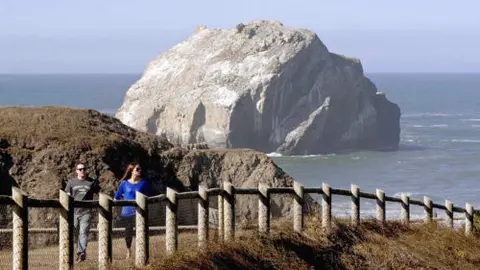 A couple walks along a coastal path with a large rock formation in the sea behind them.