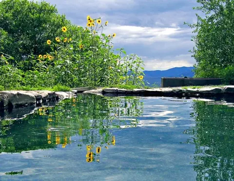 A stone-lined pool reflecting yellow wildflowers and trees under a cloudy sky with distant mountains.