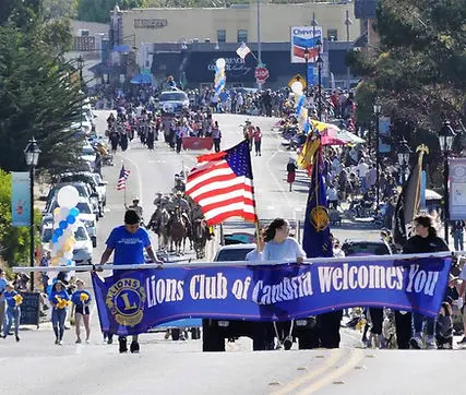 People carrying a banner down a street in a parade.
