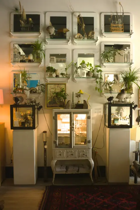 A photograph showing a collection of display shelves and cabinets on a wall indoors.